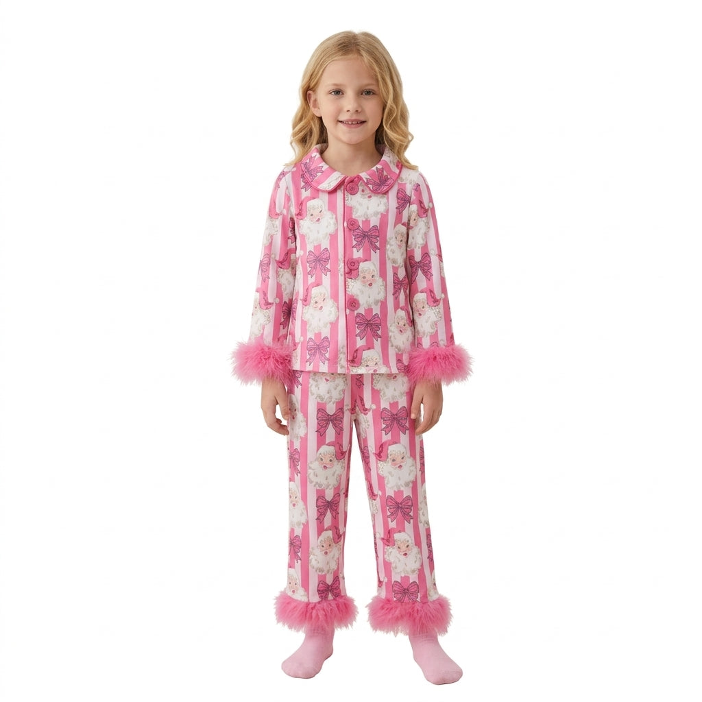 Christmas santa claus long sleeve top matching pants girls pajama set outfit