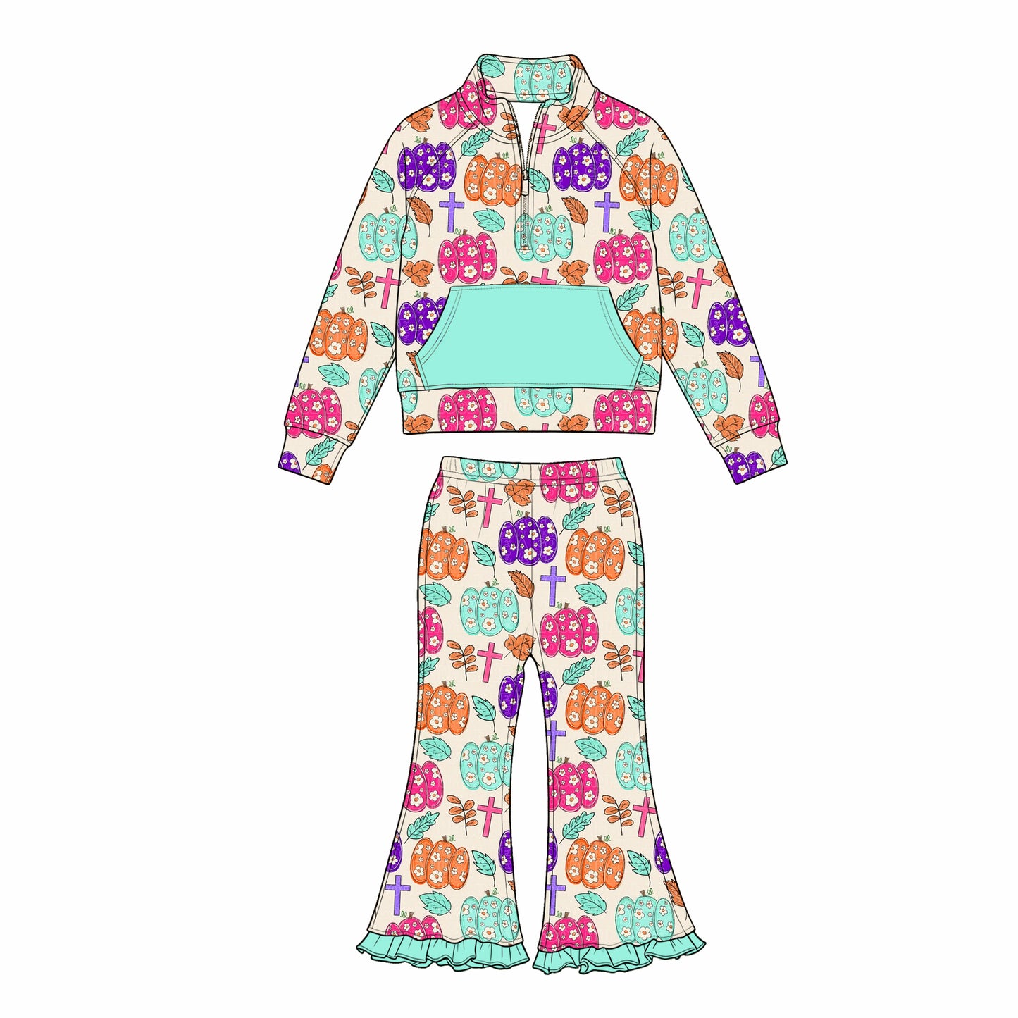 Girl long sleeve flower pumpkins pullover matching pants fall winter wholesale outfit preorder