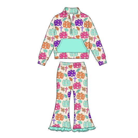 Girl long sleeve flower pumpkins pullover matching pants fall winter wholesale outfit preorder