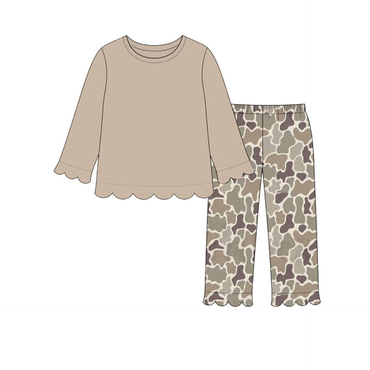 Khaki long sleeve top matching camo pants girl clothes set preorder