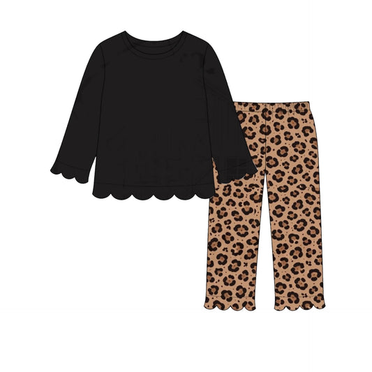 black long sleeve top matching leopard pants girl clothes set preorder