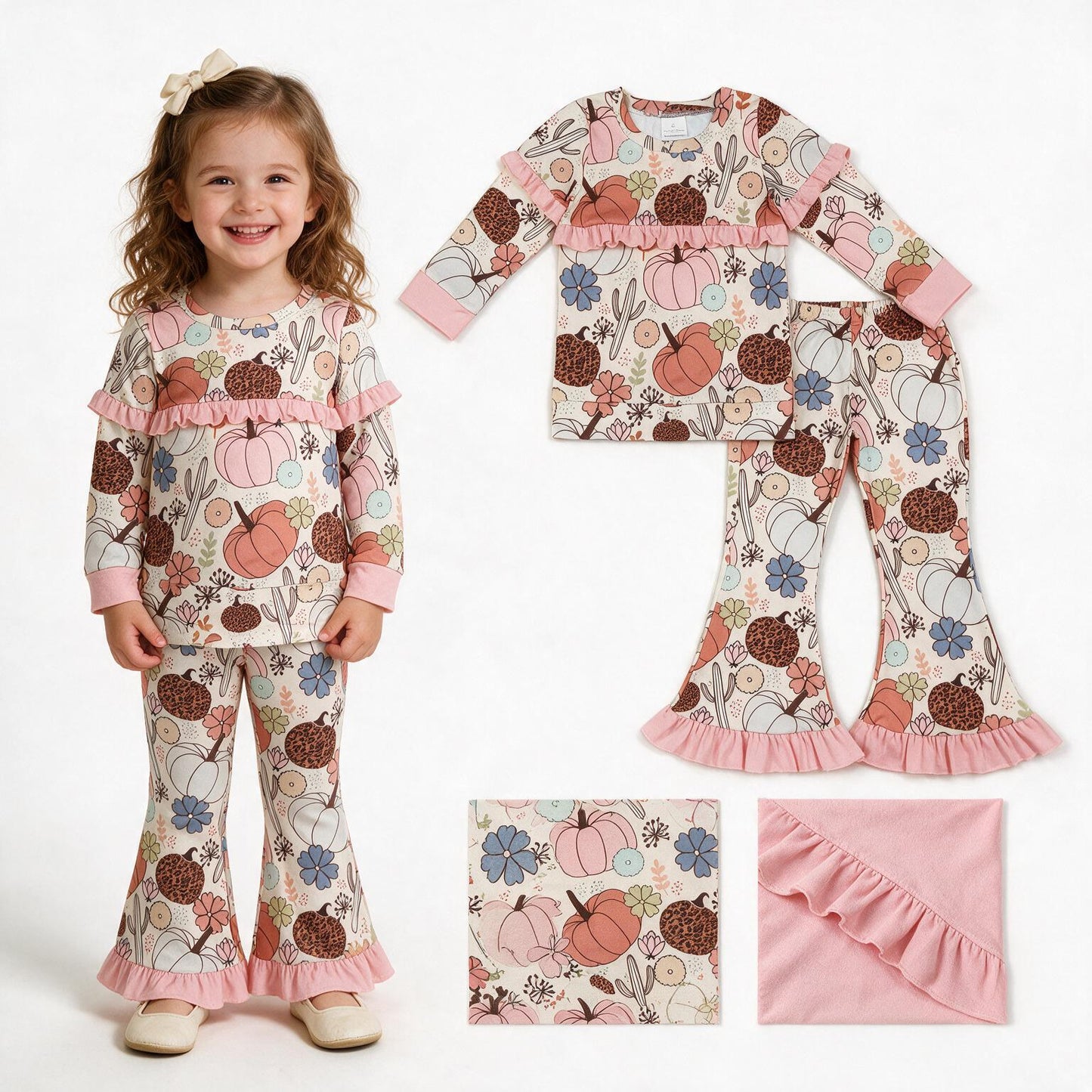 Girls long sleeve pink pumpkins top matching pants fall outfit
