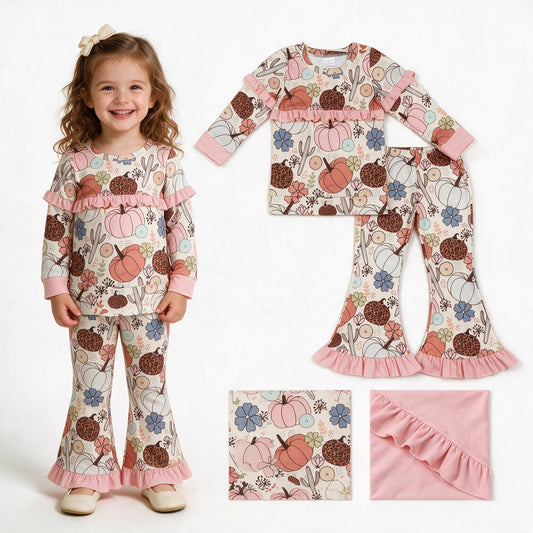 Girls long sleeve pink pumpkins top matching pants fall outfit