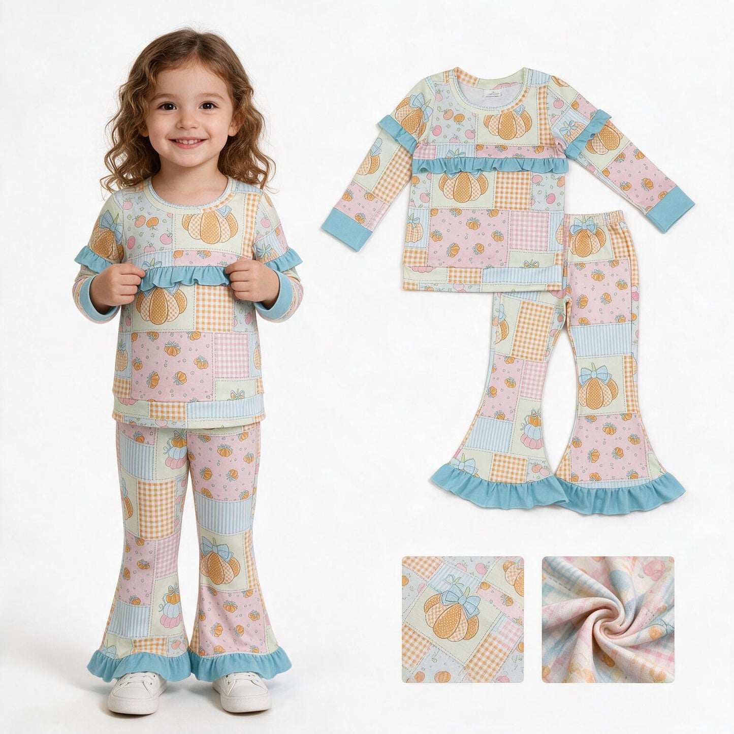 Girls long sleeve pink pumpkins top matching pants fall outfit