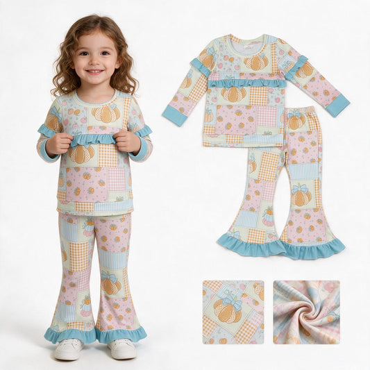 Girls long sleeve pink pumpkins top matching pants fall outfit