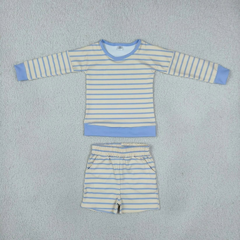 Mommy and me Blue Cream Striped Long Sleeve Top Elastic Waist Shorts Clothes Set