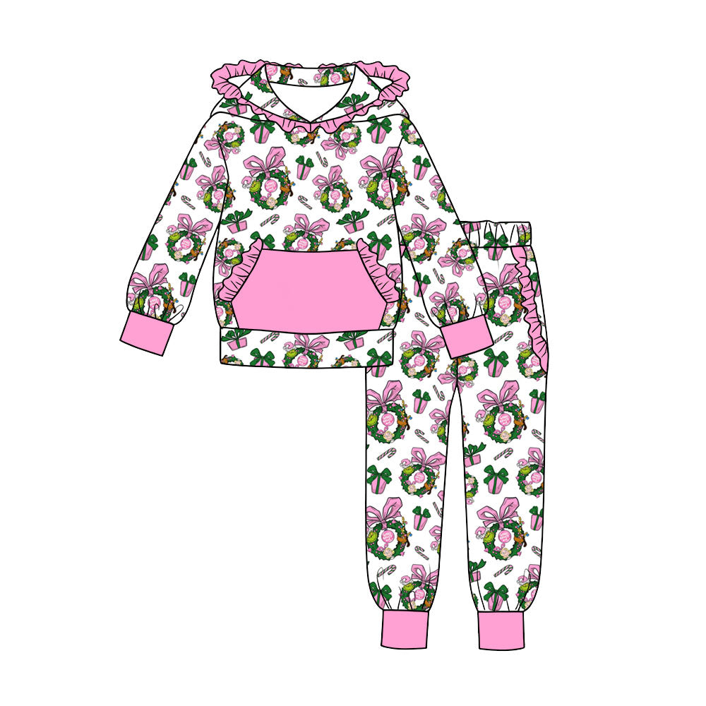 Christmas green face print girls long sleeve hoodie set outfit preorder