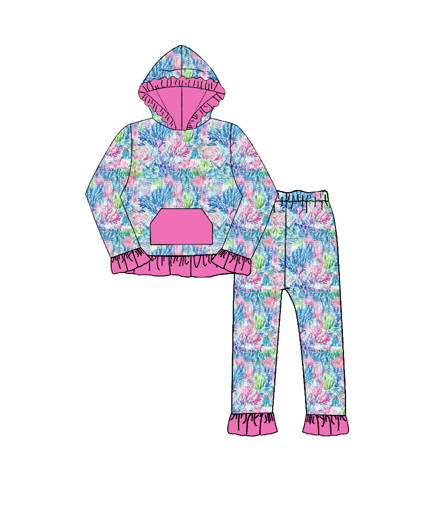 Coral print long sleeve top matching pants girls set outfit preorder
