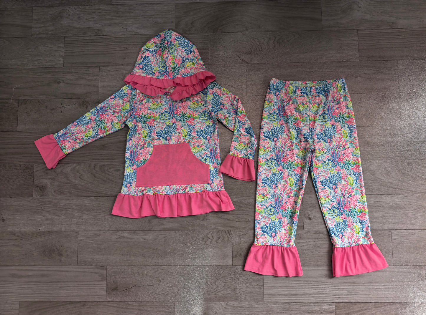 Coral print long sleeve top matching pants girls set outfit preorder
