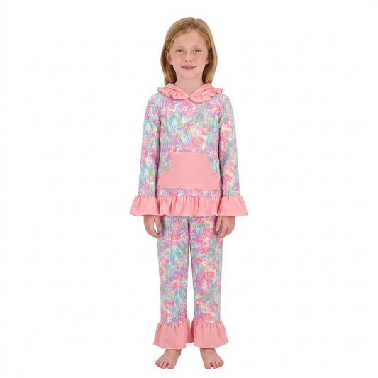 Coral print long sleeve top matching pants girls set outfit