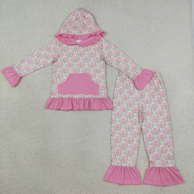 Coral print long sleeve top matching pants girls set outfit