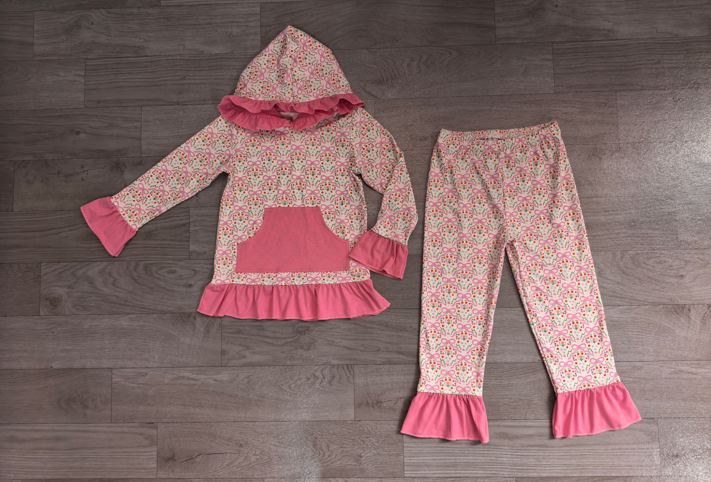 Pink bow floral print long sleeve top matching pants girls set outfit preorder