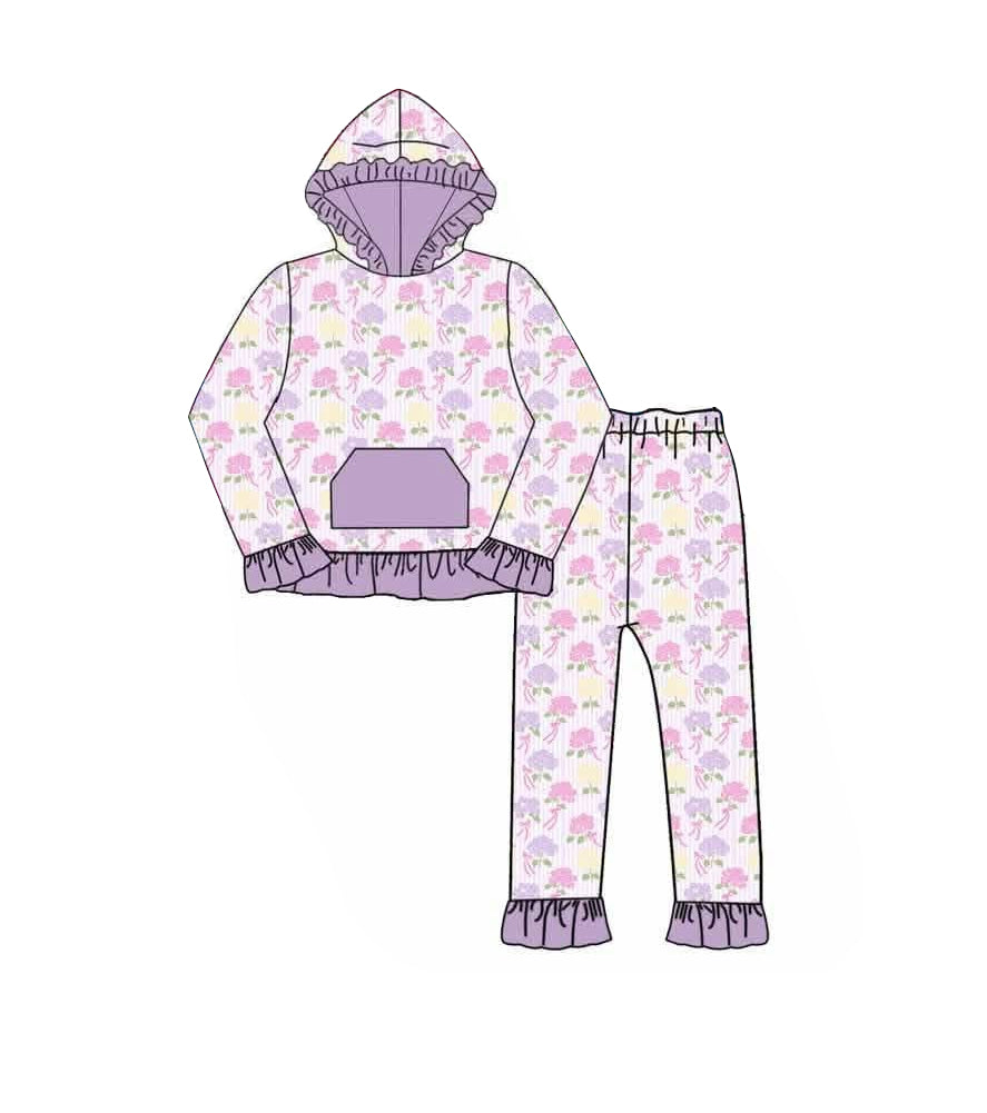 Lavender yellow flowers print long sleeve top matching pants girls set outfit preorder