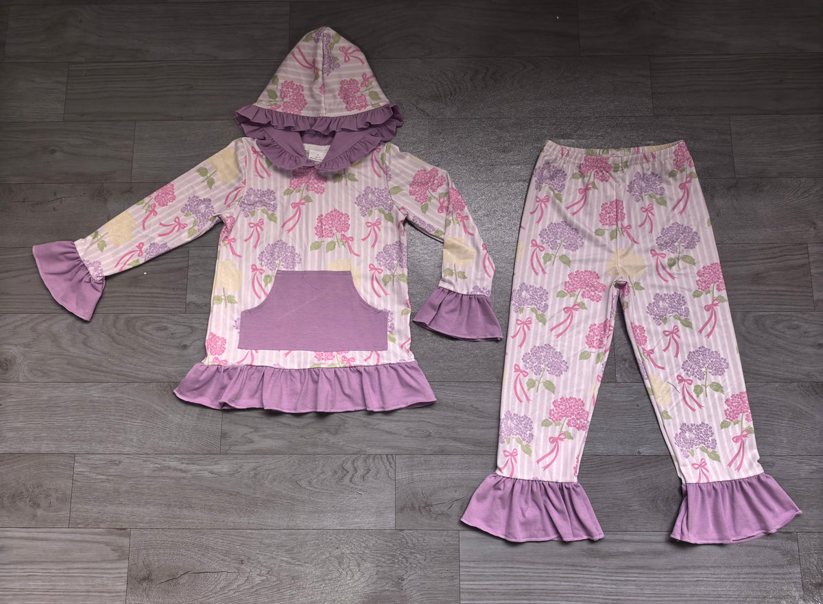 Lavender yellow flowers print long sleeve top matching pants girls set outfit preorder