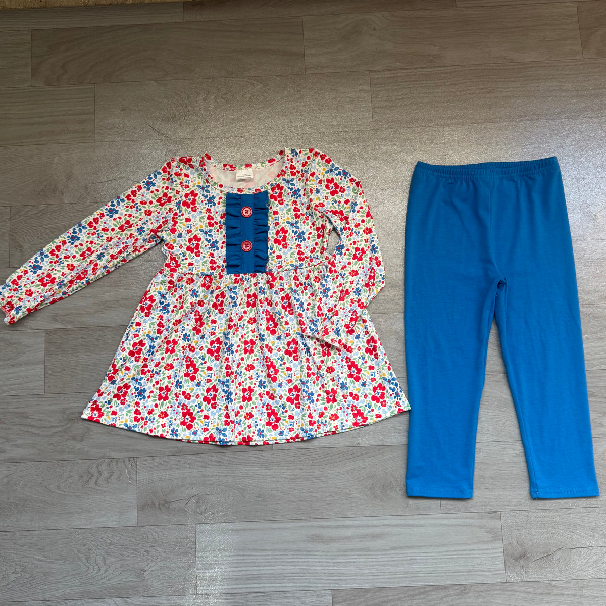 Red navy flowers print long sleeve top matching pants girls set outfit preorder