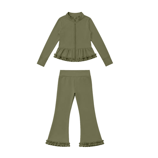 Green long sleeve yoga pullover top matching pants girls outfit preorder