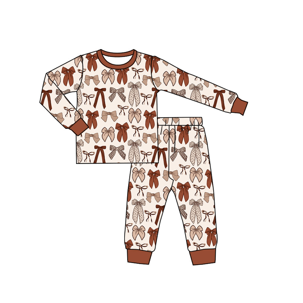 Brown bow long sleeve top matching pants girls wholesale factory price outfit preorder