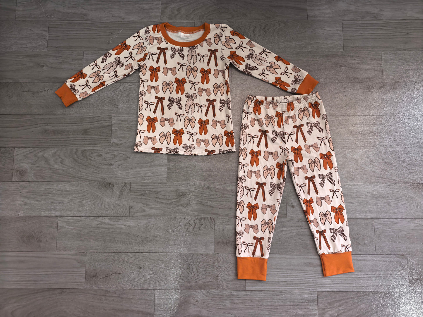 Brown bow long sleeve top matching pants girls wholesale factory price outfit preorder