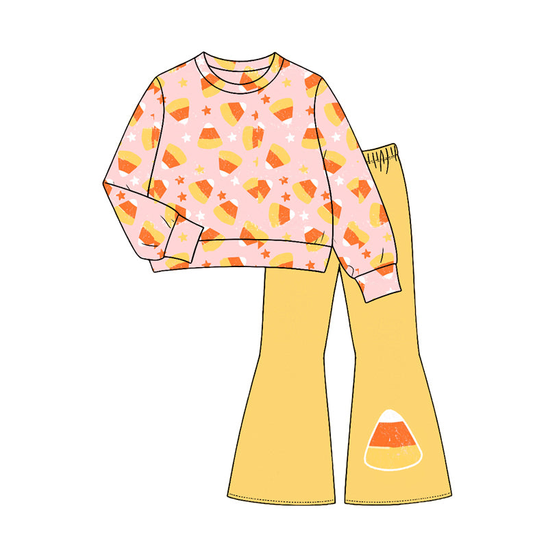 Long sleeve Halloween candy corn top matching pants girl wholesale factory price outfit preorder