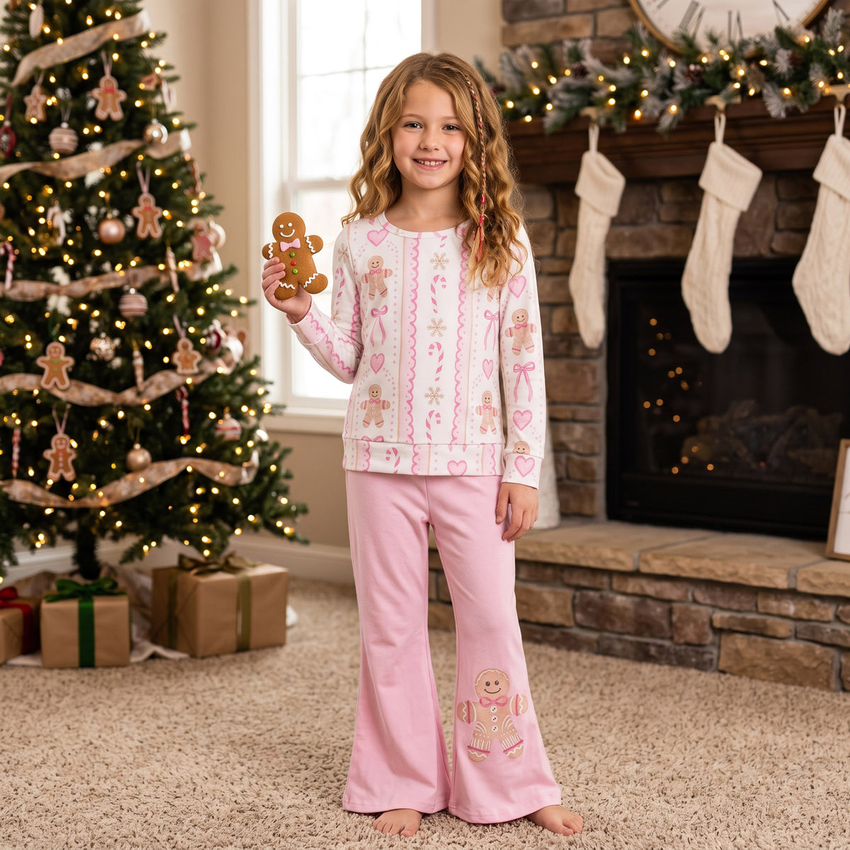 Long sleeve Christmas gingerbread top matching pants girl wholesale factory price outfit