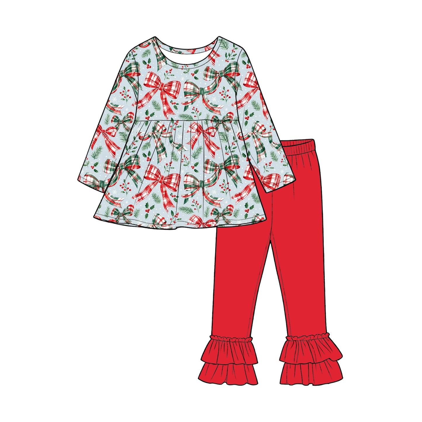 Long sleeve Christmas red green bow top matching pants girl wholesale factory price outfit preorder