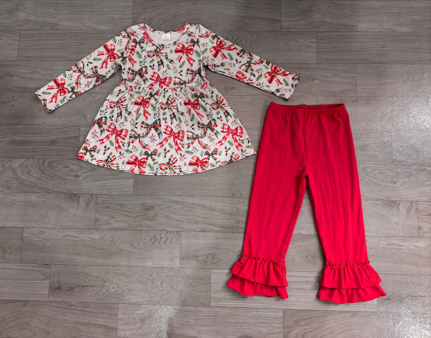 Long sleeve Christmas red green bow top matching pants girl wholesale factory price outfit preorder