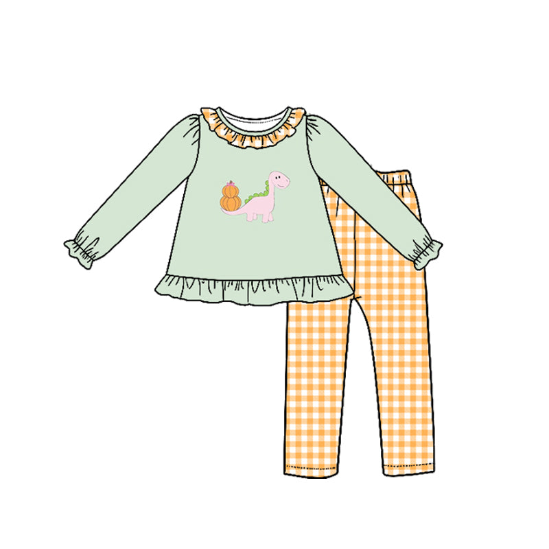 Long sleeve dinosaur pumpkin top matching pants girl wholesale factory price outfit preorder
