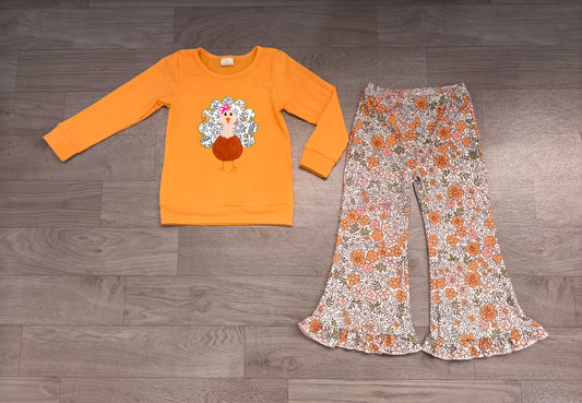 Long sleeve thanksgiving turkey embroidery top matching pants girls wholesale factory price outfit preorder