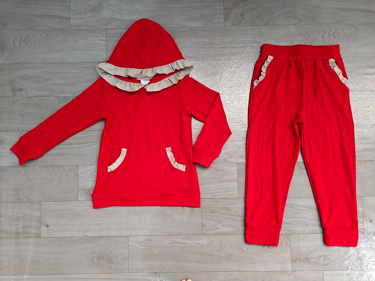 Long sleeve red hoodie top matching pants girls wholesale factory price outfit preorder