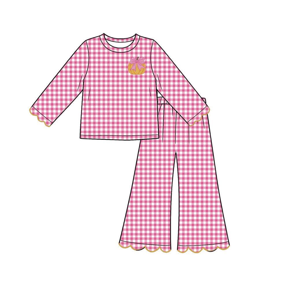 Long sleeve pink plaid fall pumpkin top matching pants girls wholesale factory price outfit preorder