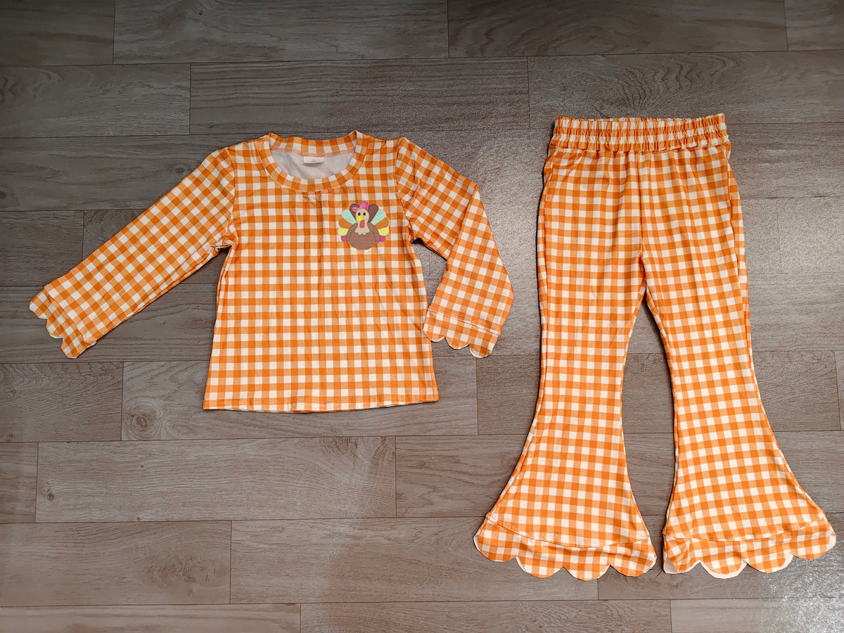Long sleeve orange plaid thanksgiving turkey embroidery top matching pants girls wholesale factory price outfit preorder
