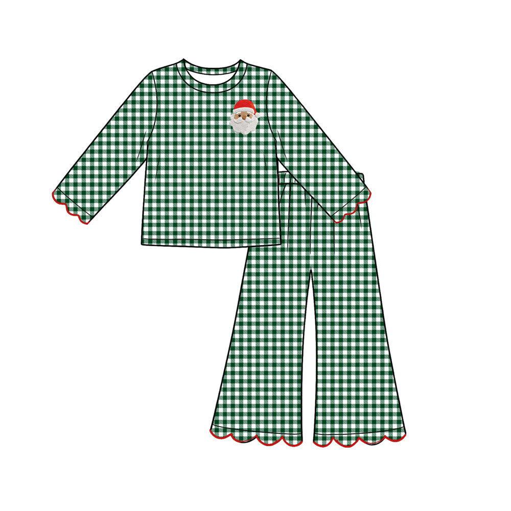 Long sleeve green plaid Christmas santa top matching pants girls wholesale factory price outfit preorder