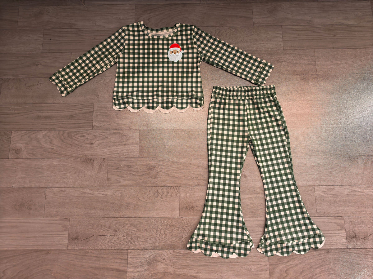Long sleeve green plaid Christmas embroidery santa top matching pants girls wholesale factory price outfit preorder
