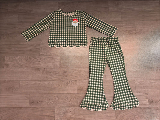 Long sleeve green plaid Christmas embroidery santa top matching pants girls wholesale factory price outfit preorder