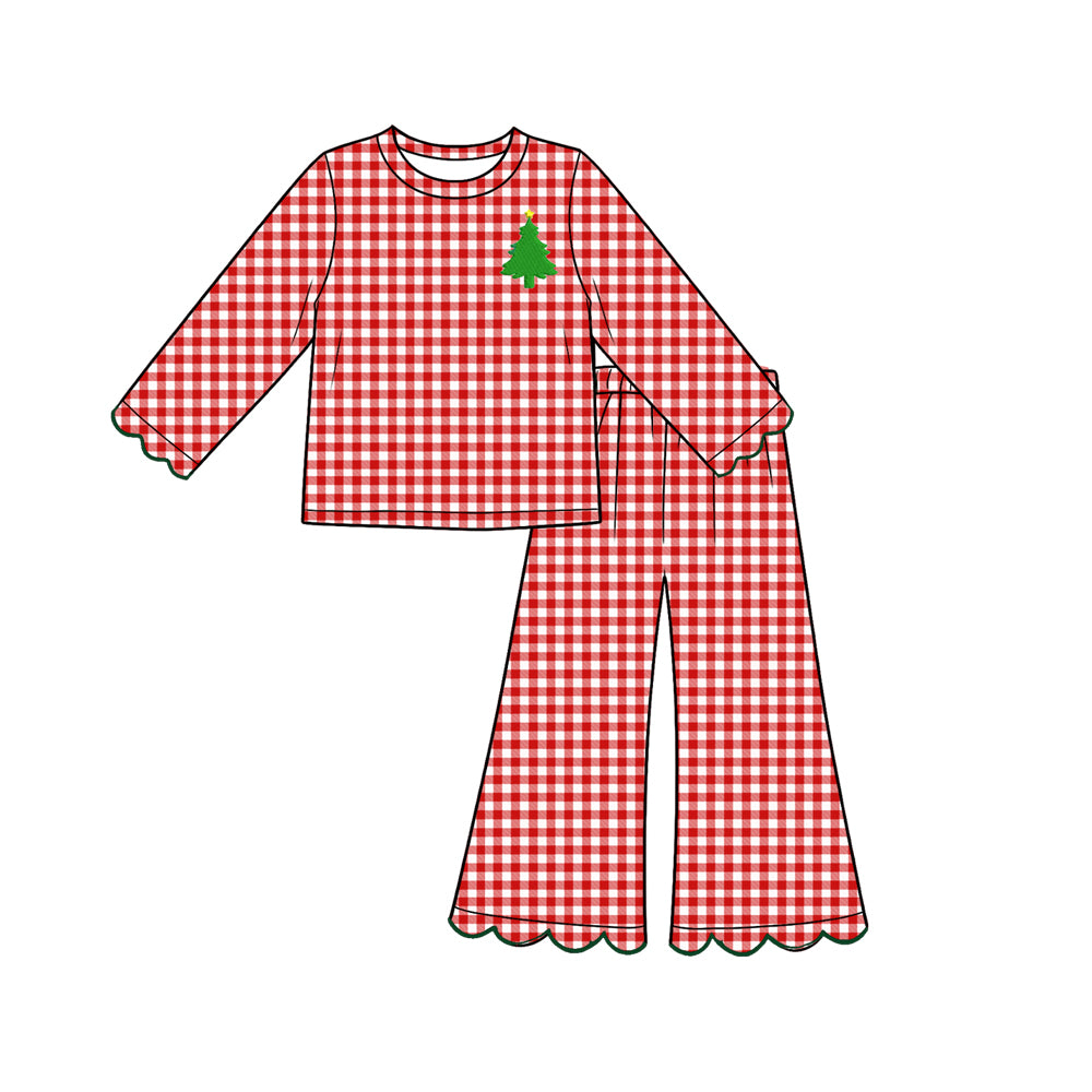 Long sleeve red plaid Christmas tree matching pants girls wholesale factory price outfit preorder