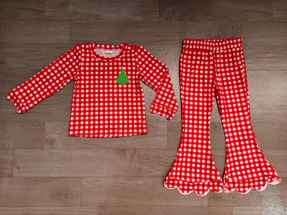 Long sleeve red plaid Christmas tree embroidery top matching pants girls wholesale factory price outfit preorder