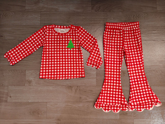 Long sleeve red plaid Christmas tree embroidery top matching pants girls wholesale factory price outfit preorder