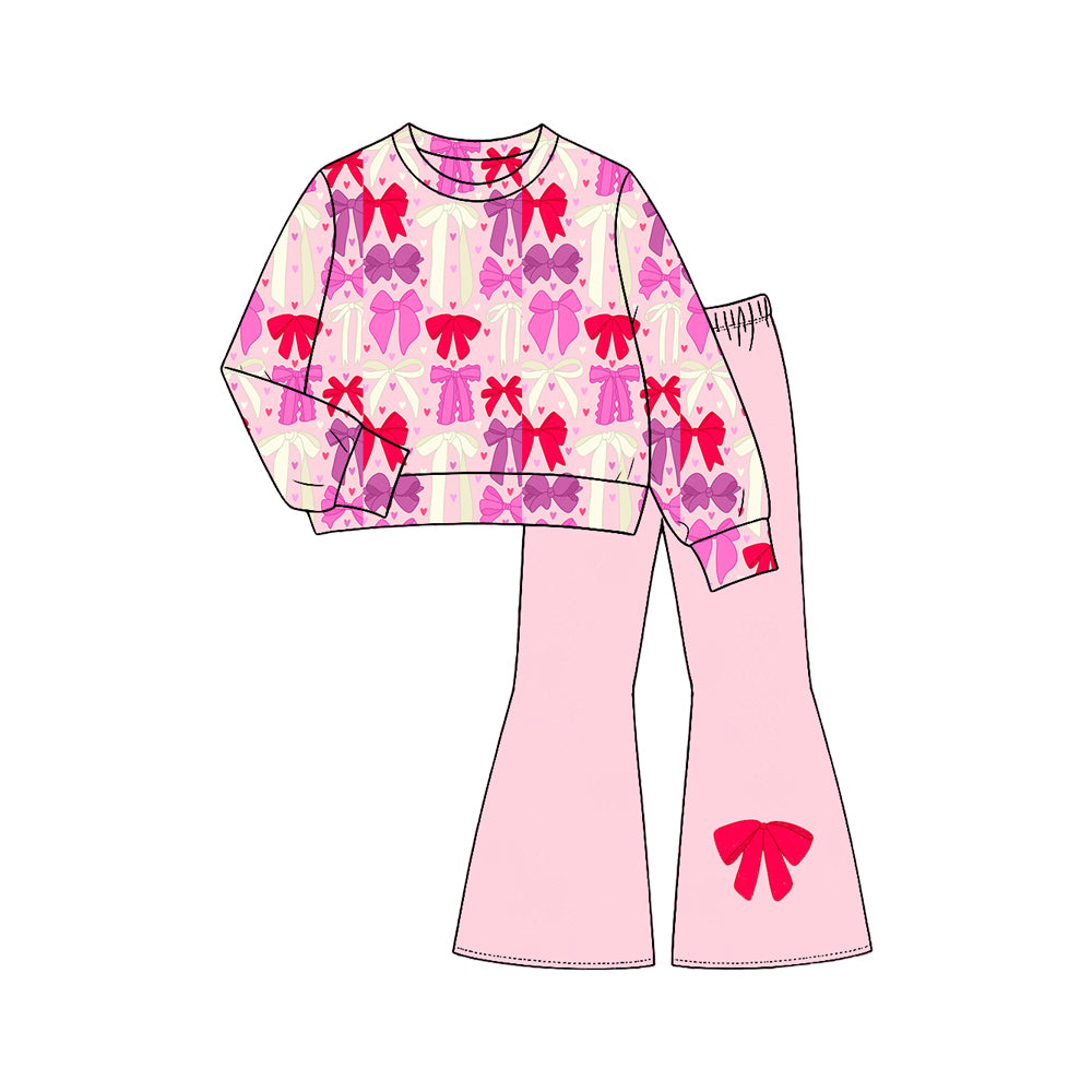 Long sleeve Valentines day bow top matching pants girls wholesale factory price clothes preorder