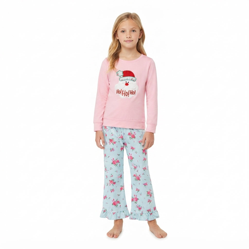 Long sleeve Christmas hohoho embroidery top matching pants girls wholesale factory price outfit