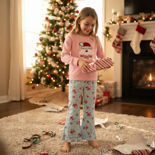 Long sleeve Christmas hohoho embroidery top matching pants girls wholesale factory price outfit