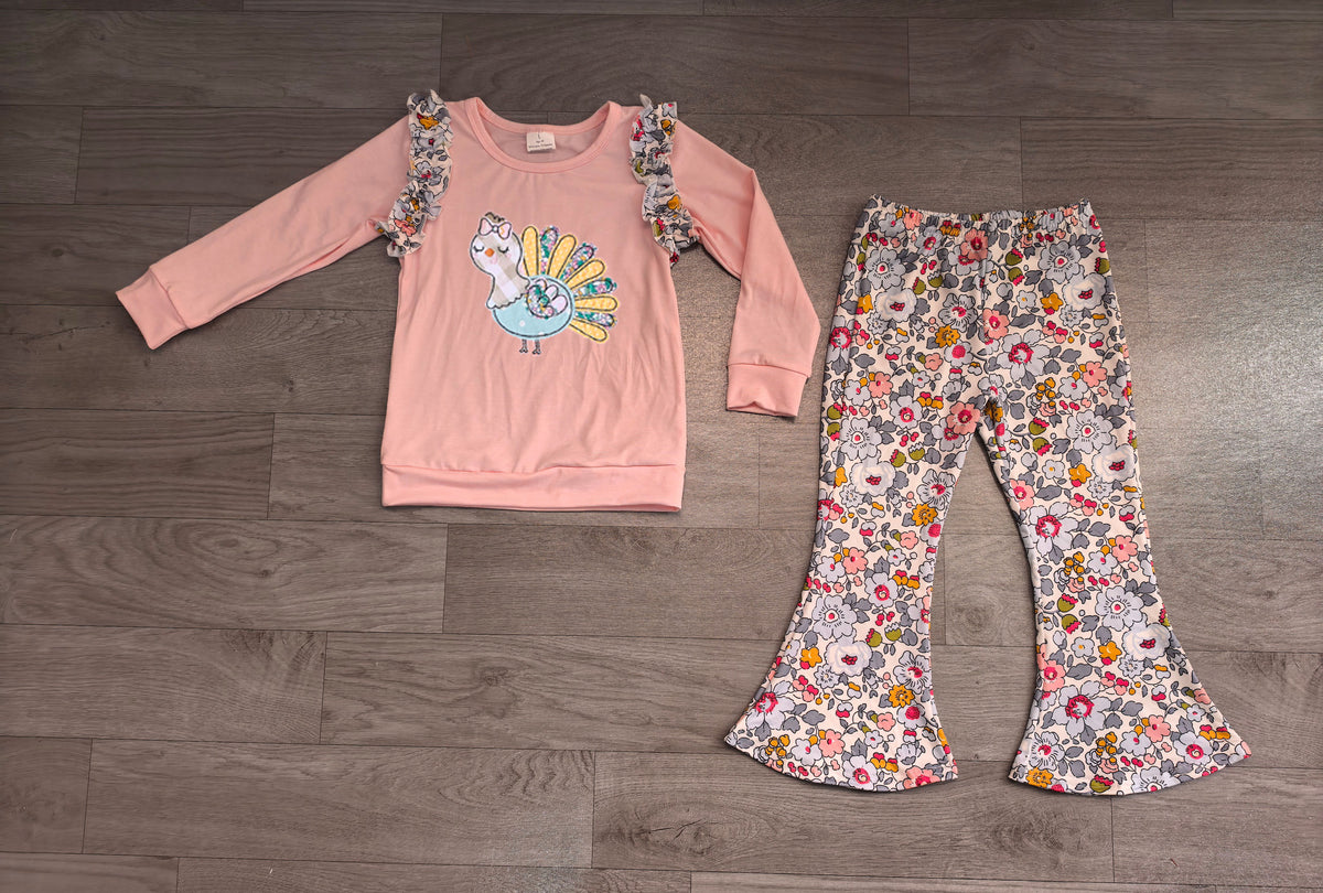Long sleeve Thanksgiving turkey embroidery top matching pants girls wholesale factory price outfit preorder