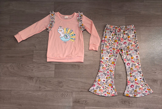 Long sleeve Thanksgiving turkey embroidery top matching pants girls wholesale factory price outfit preorder
