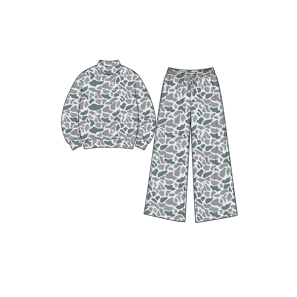 Light grey camo long sleeve yoga pullover top matching pants girls outfit preorder