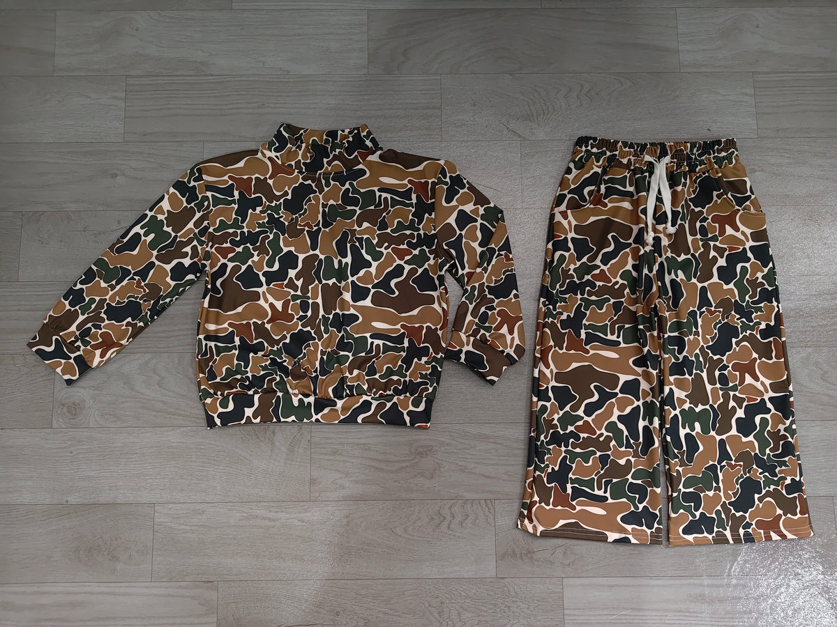 Brown camo long sleeve yoga pullover top matching pants girls outfit preorder