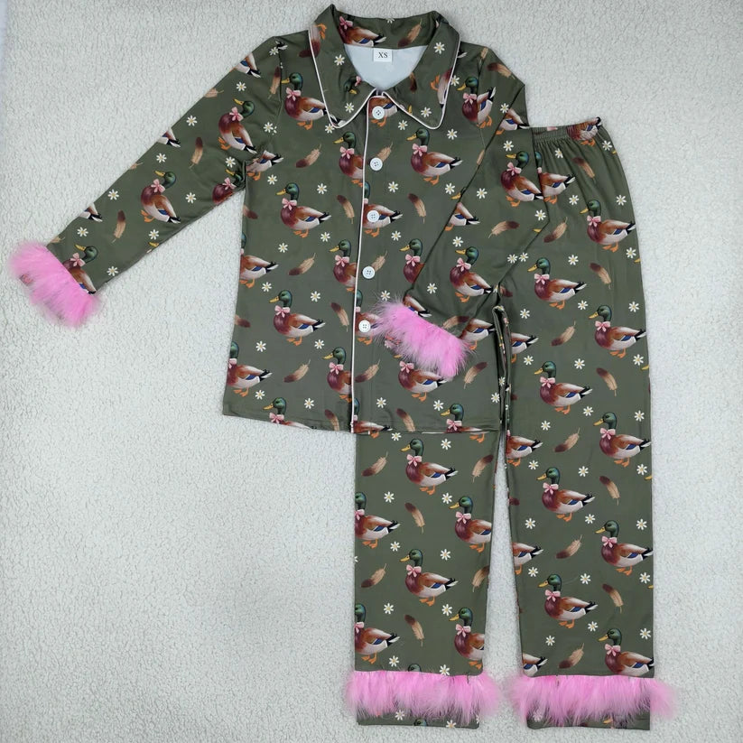 mommy and me wholesale price duck floral print long sleeve matching pajama set
