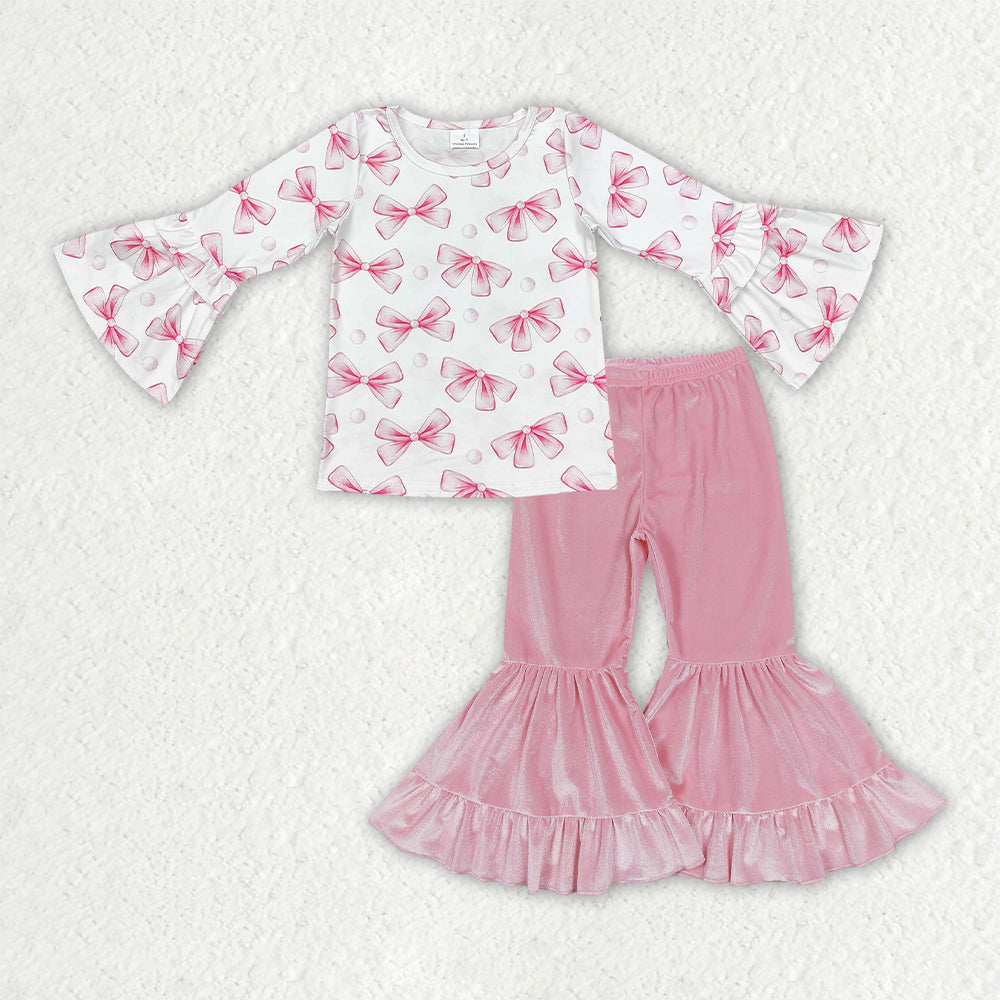 girls pink bow long sleeve top pink velvet pants valentines day outfit