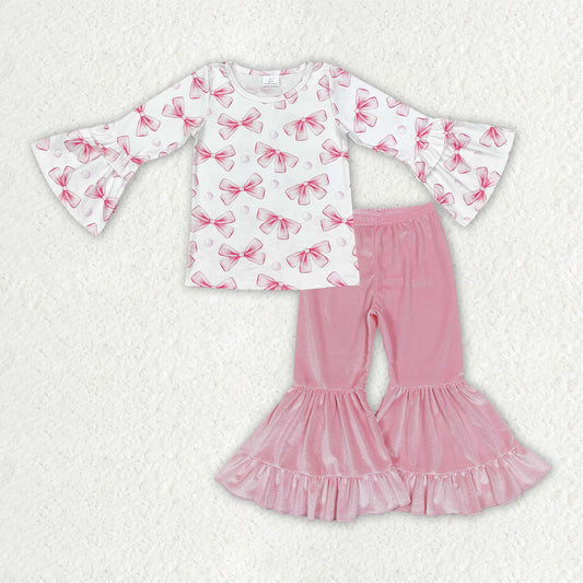 girls pink bow long sleeve top pink velvet pants valentines day outfit