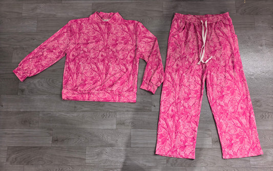 Adult Women hot pink leaves color long sleeve top matching pants outfit preorder