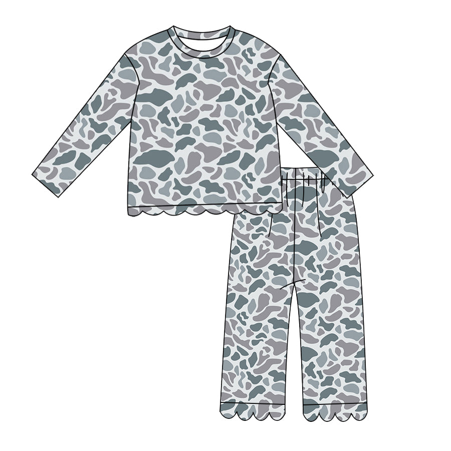 Light grey Camo print  girls long sleeve scalloped outfit preorder