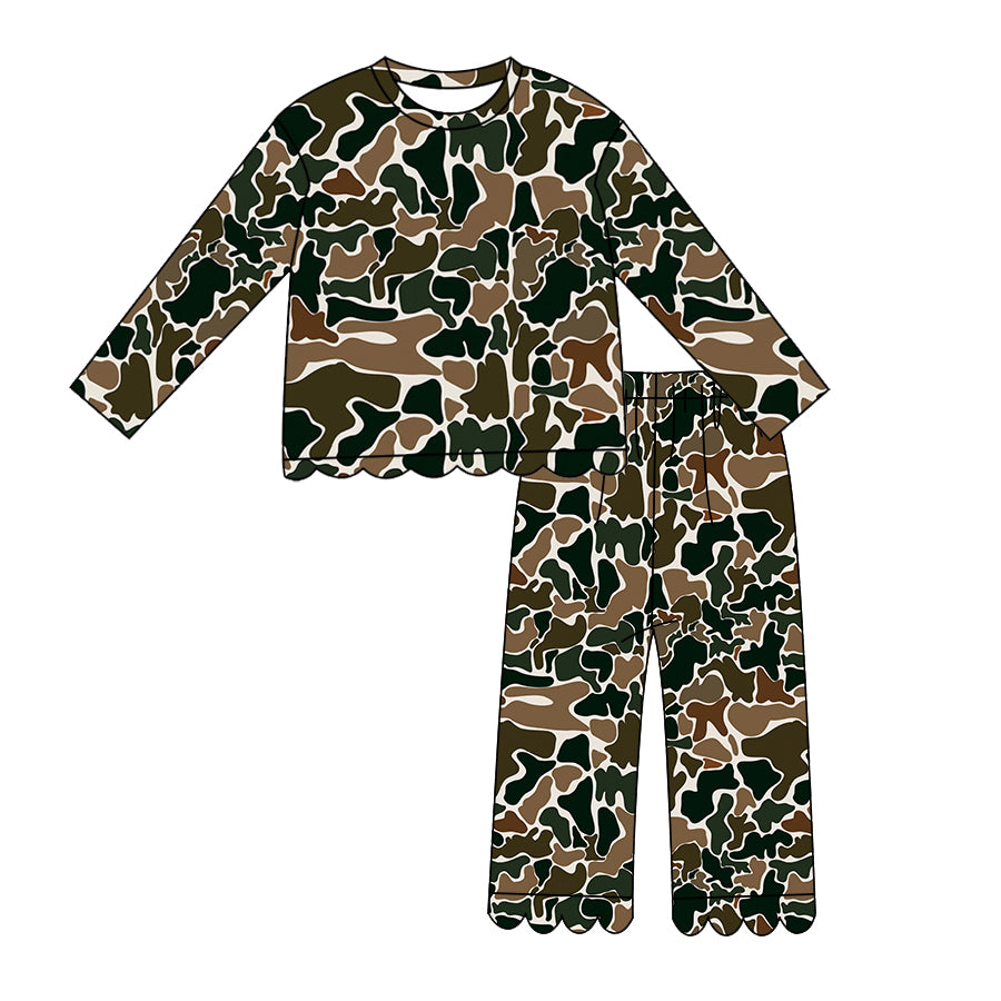 Green Camo print  girls long sleeve scalloped outfit preorder